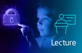 A boy is touching the padlock icon hologram on air that signifies cyber safety 
