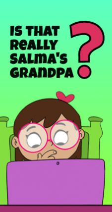 A girl deep in thought, staring at her laptop with written text Is that really Salma's Grandpa?