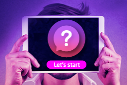 A guy is holding his tablet in front of his face showing a big question mark. His anonymity is emphasized