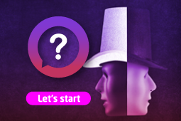 One black and one white, two theatric masks wearing opposite colored hats and facing opposite sites. 