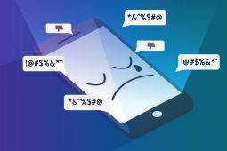 Illustration of a sad mobile phone showing mean messages.