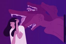 An illustration of a female scared of trolls coming out of the screen.