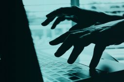  يدان تكتبان على جهاز حاسوب محمول. يتم تعتيم ألوان الصورة لإعطاء وهم  بأن هذا الإنسان  يقوم يأشياء سيئة على الحاسوب فالضوء الأزرق والأيدي لونها رمادي داكن.