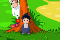 فتاة تنظر إلى قرصها منزعج وصبي يقف خلف شجرة.