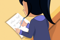 An animation of a little girl writing a letter on a piece of paper.