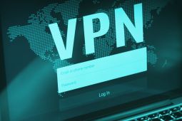 a laptop showing the word VPN and that the user needs an email and password to log in to it.